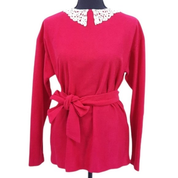 Vintage Tops - VTG 60s 70s Dark Pink Felted Crochet Lace Collar Long Sleeve Top M Tie Belt